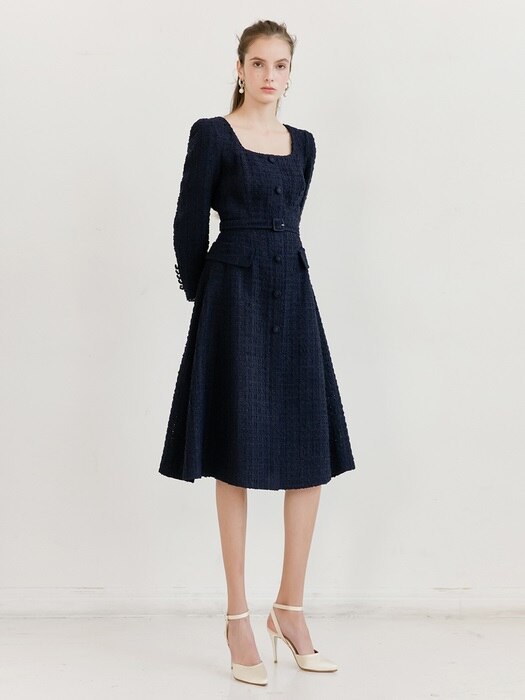 TRISHA Square neck Single button A-line Dress (Navy Tweed)