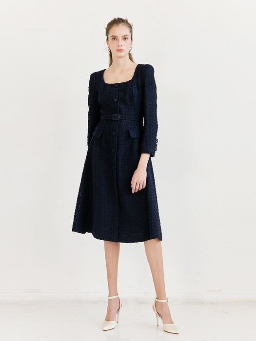[미전시]TRISHA Square neck Single button A-line Dress (Navy Tweed)