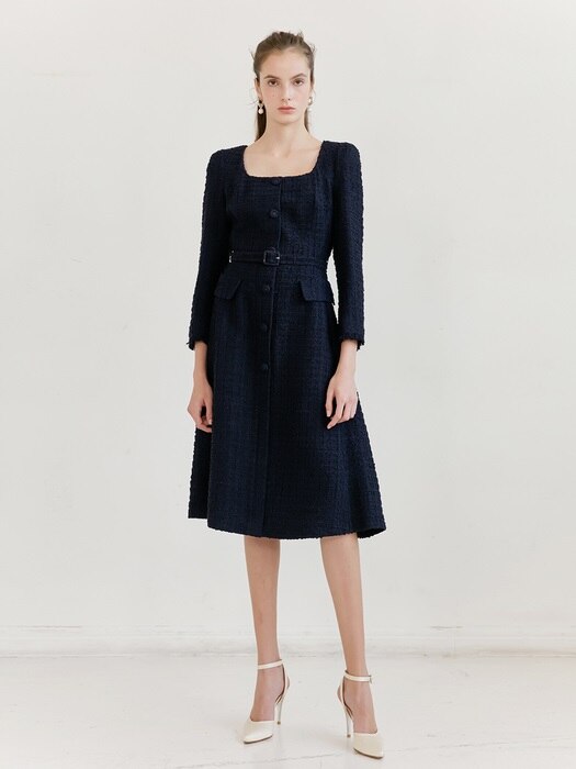 TRISHA Square neck Single button A-line Dress (Navy Tweed)