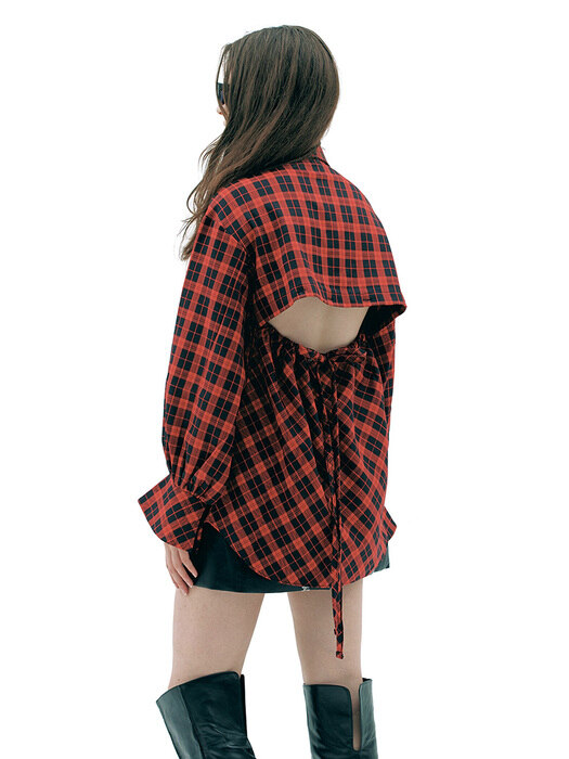 CHECK PRINTED BALLOON SLEEVE BACK DETAIL BL_RED (EETZ3BLR01W)