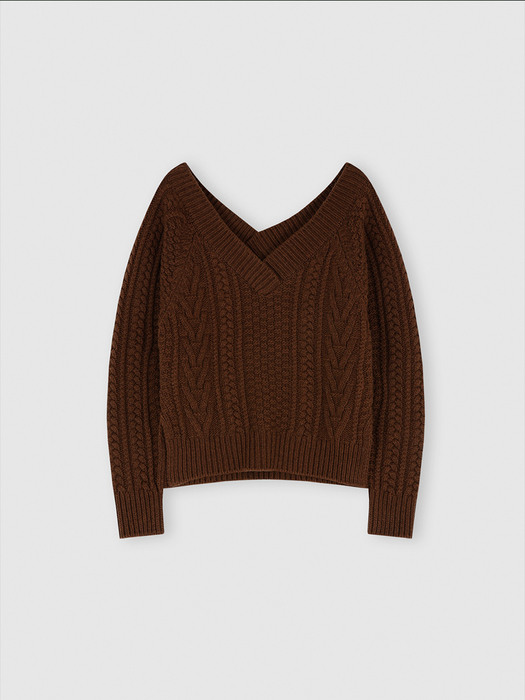 V-NECK CABLE KNIT WOOL SWEATER (BROWN)