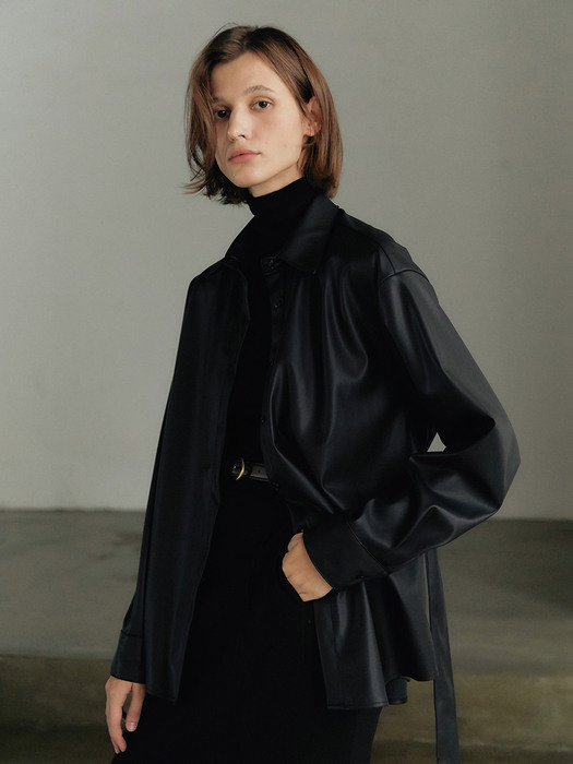 Eco-leather shirt jacket - Black