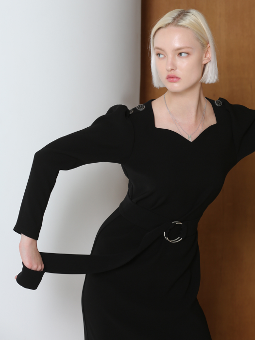 밀파 버튼숄더 미디 드레스(블랙)