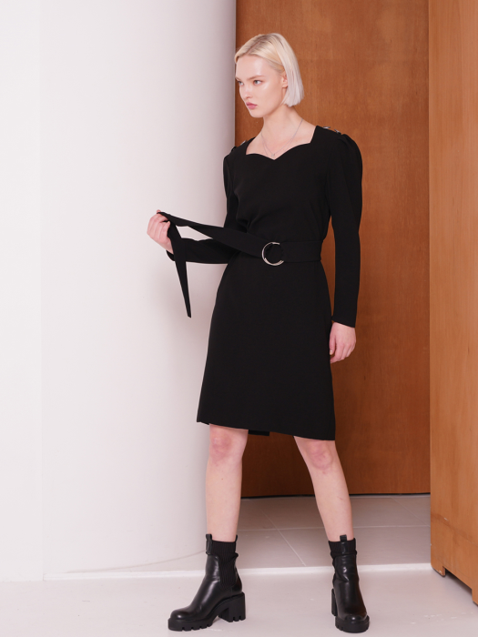 밀파 버튼숄더 미디 드레스(블랙)