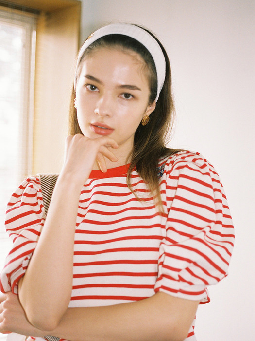 NEW MIA STRIPE PUFF SLEEVES TOP_RED