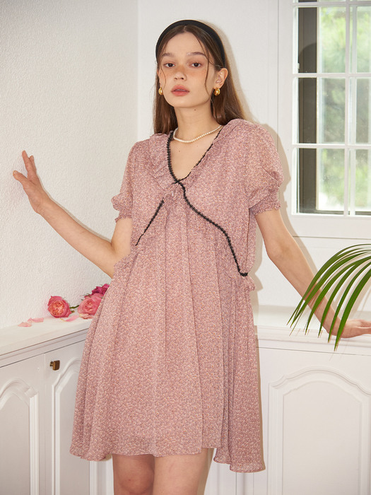 Short Sleeve Chiffon Shirring Dress_ Pink