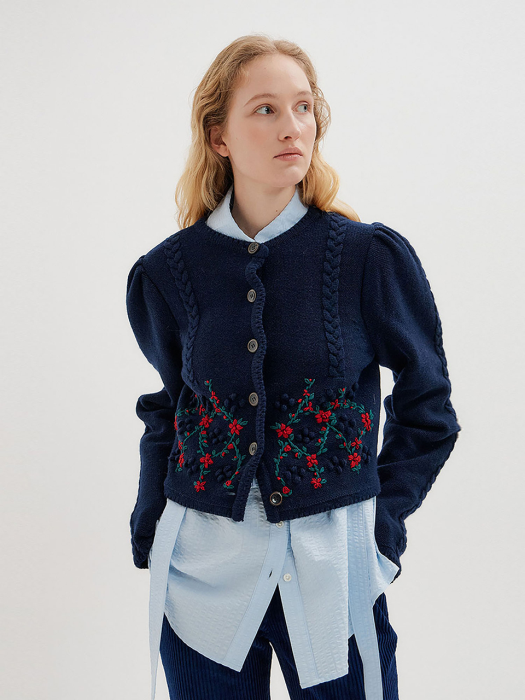 TITI Floral Pattern Puff Sleeve Knit Cardigan - Navy