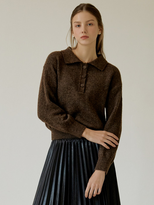 Button collar wool knit (brown)