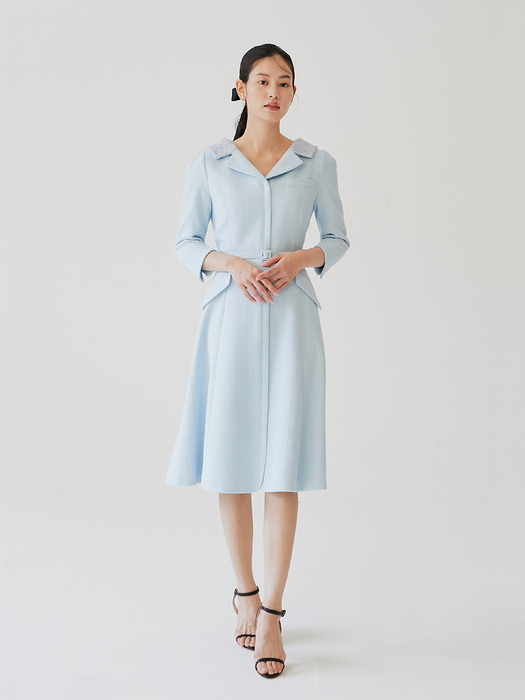 [미전시]DIANA V-neck notched collar flared tweed dress (Pale blue)