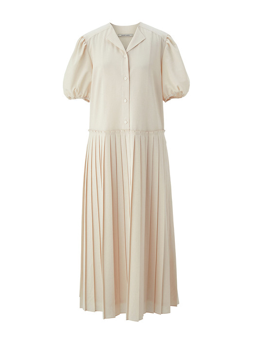 Puff sleeve pleated dress - Cream beige