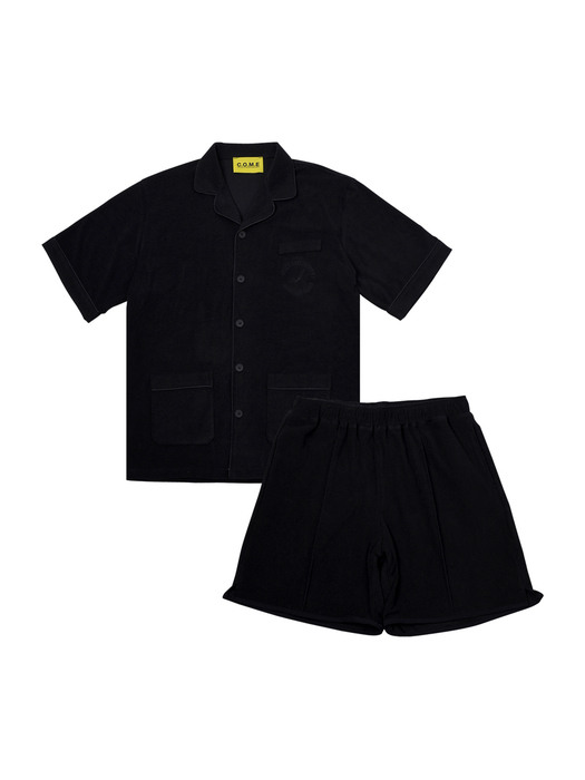 [SET] Piped Terry Short-Sleeved Shirt + Binding Terry Shorts (Black)