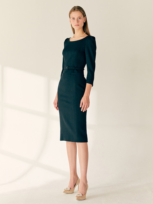 HESTIA Boat neck H-line dress (Melange gray/Black)