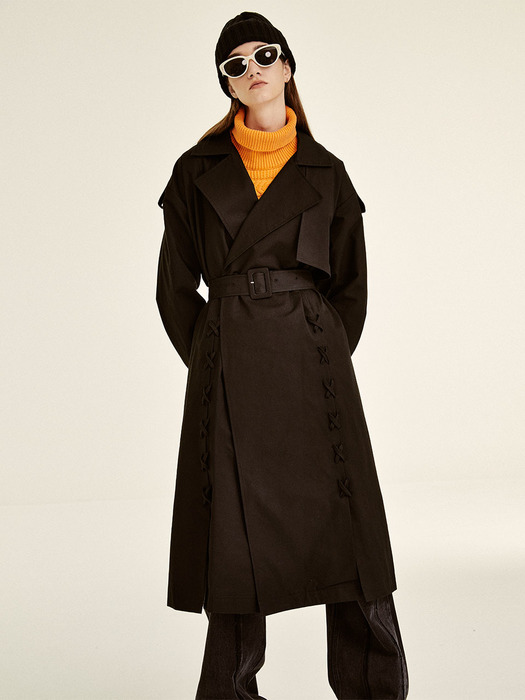 ELLA EYELET TRENCH COAT-BLACK