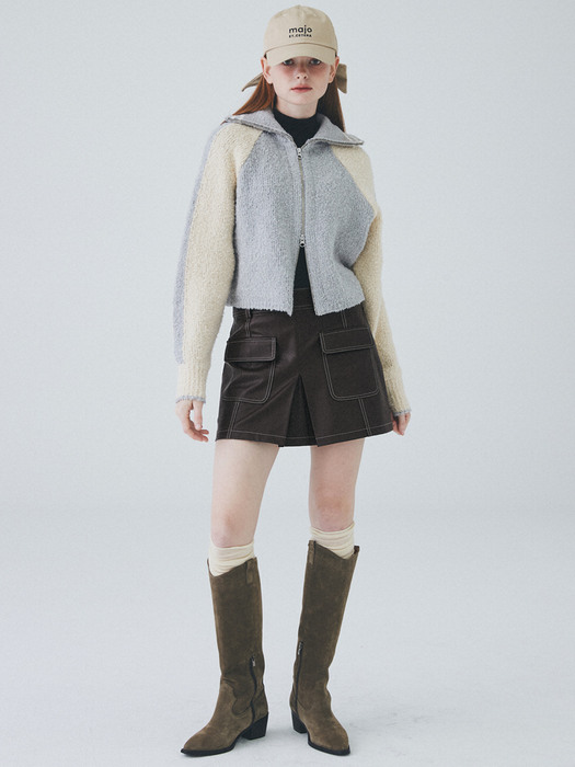 Vegan Leather Stitch Mini Skirt [Brown]
