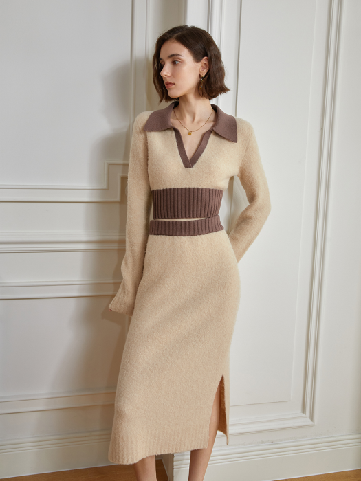 YY_French gentl block V-neck knit skirt set_BEIGE