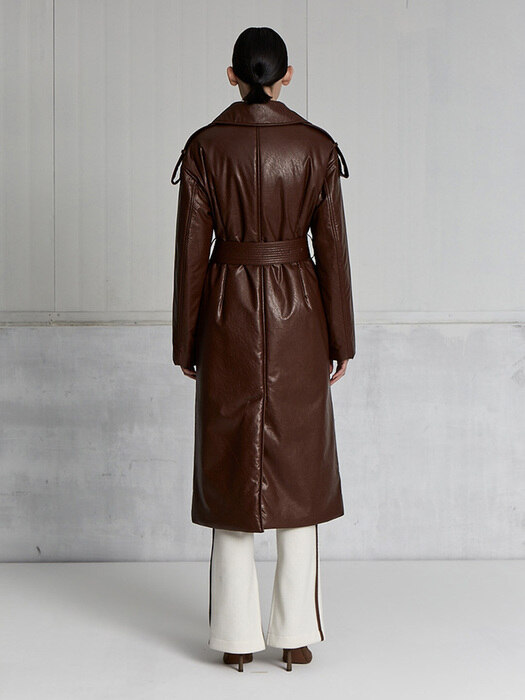 BELTED FAUX LEATHER PADDED COAT (BROWN)
