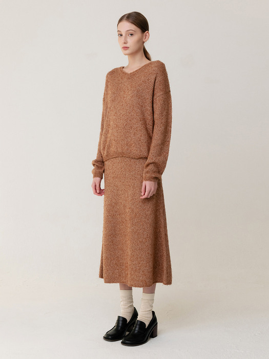 Boucle A-line Knitted Skirt Multed-Orange