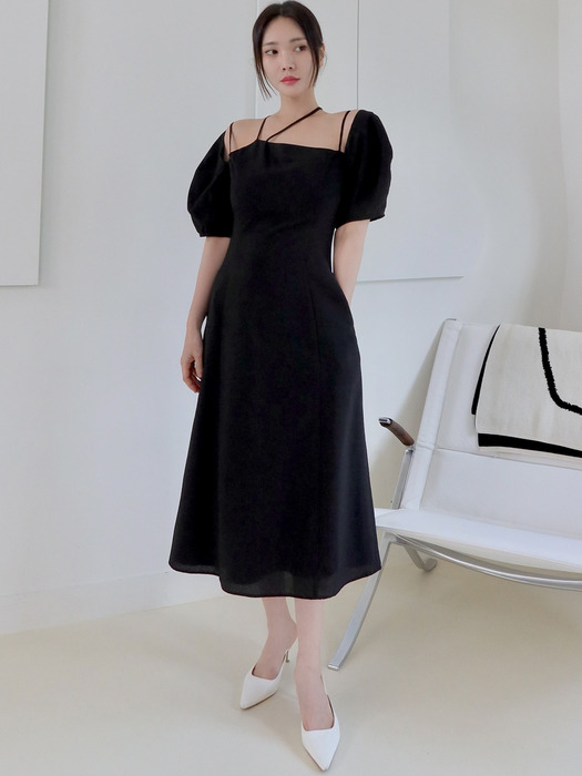 STRAP BALLOON SLEEVE DRESS_BLACK