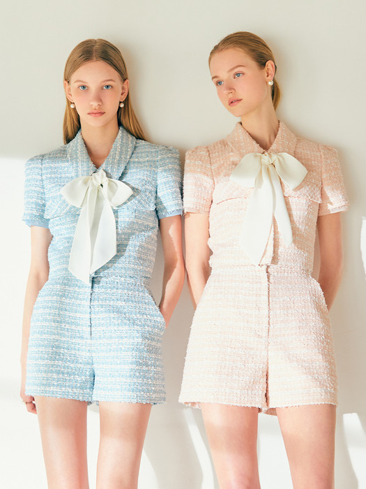 [SET]YESICA Ribbon tied tweed cropped jacket + LEAH High waisted tweed shorts (Pale coral pink/Minty blue)