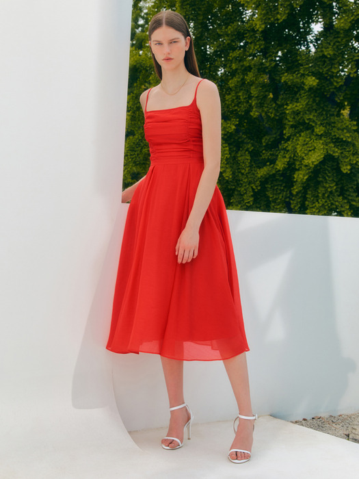 LAINIE Shirring detailed flared long dress (Red)