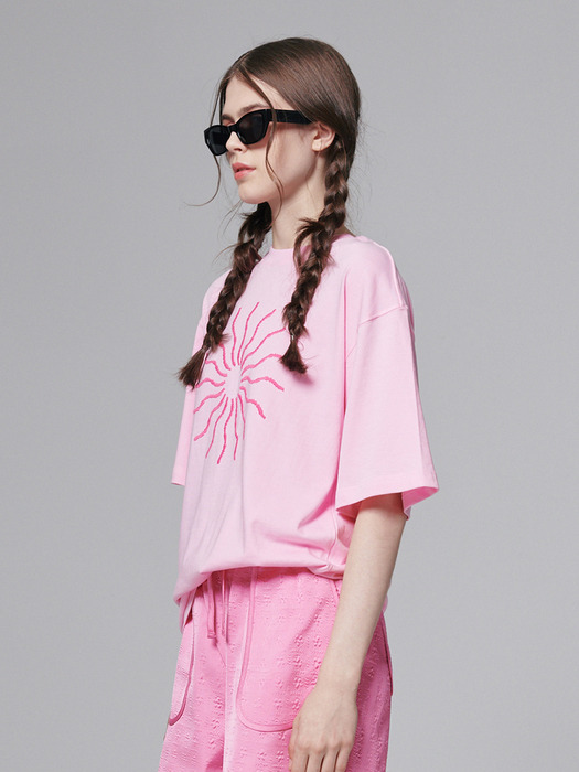 The sun volume embroidered T shirt - Pink