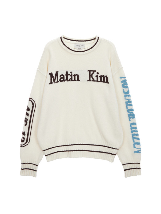 SLEEVE LETTERING KNIT PULLOVER IN IVORY
