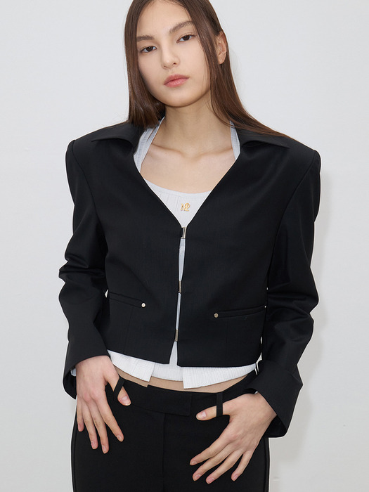 COLLAR DETAIL CROPPED JACKET(BLACK)