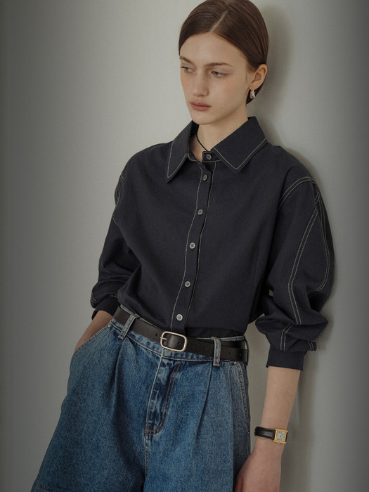 Double stitch volume sleeve bio shirt_Navy