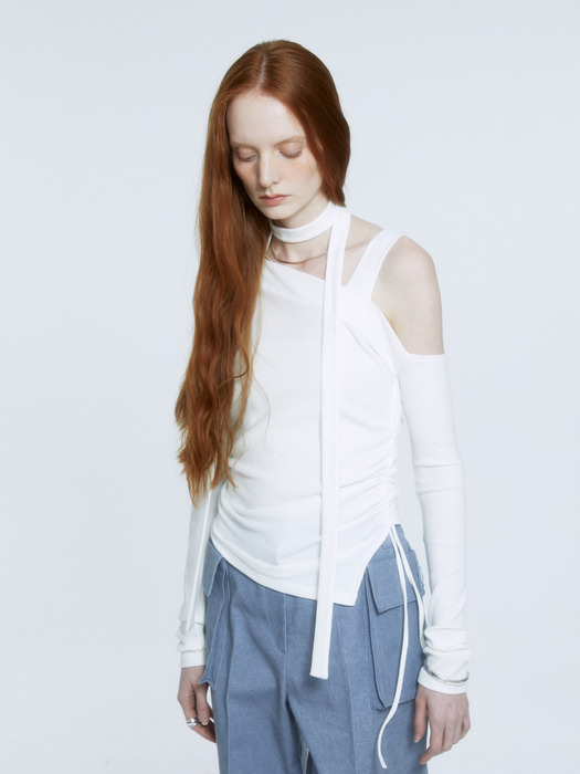 SEVRES Unbalanced Cut-Out Off-Shoulder Knitted Top_Off White