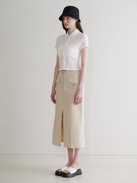 Slit Flap Pocket Midi Skirt in L/Khaki VW4MS230-46