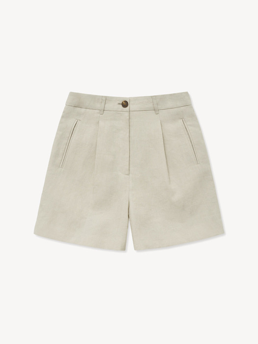 PLEATS LINEN HALF PANTS_BEIGE