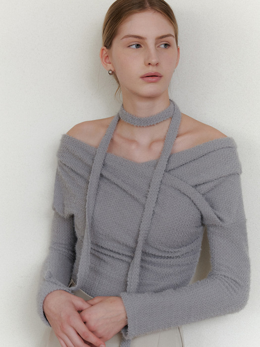 comos 1199 twisted off shoulder tie T-shirt (light grey)