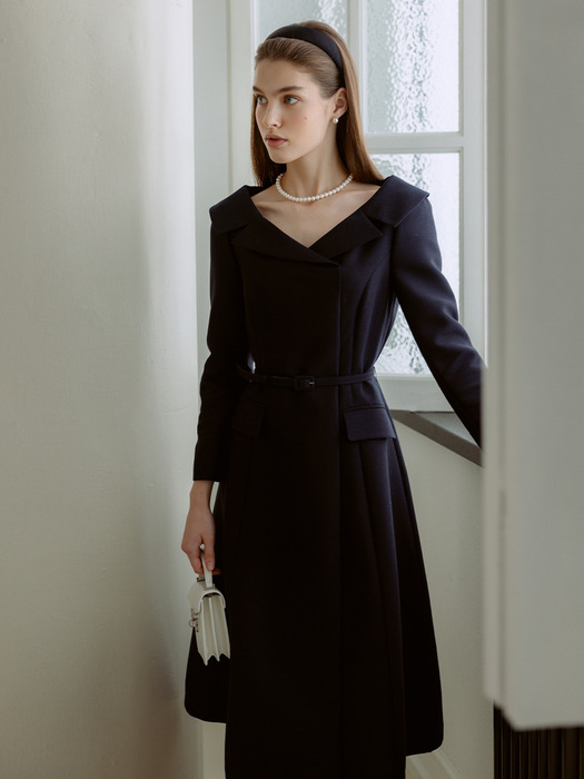 BELITA Wide V-neck notched collar wool silk long dress (Deep navy)