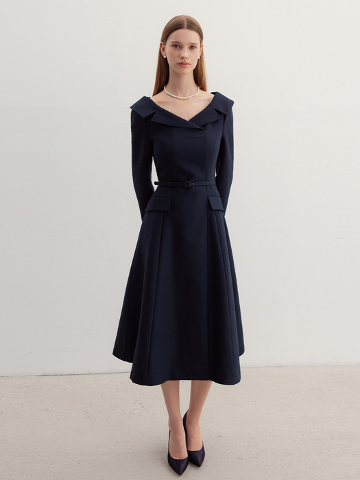 BELITA Wide V-neck notched collar wool silk long dress (Deep navy)