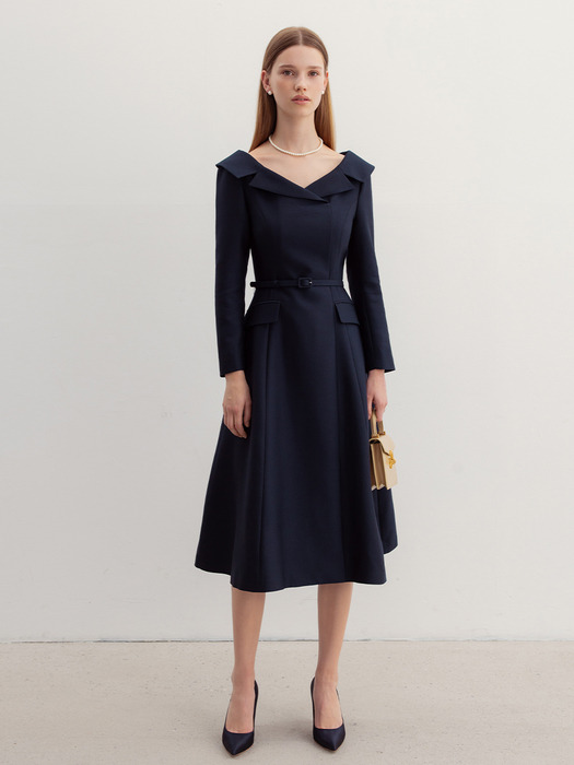 BELITA Wide V-neck notched collar wool silk long dress (Deep navy)