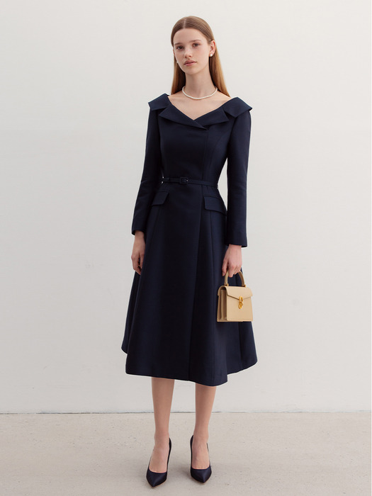 BELITA Wide V-neck notched collar wool silk long dress (Deep navy)