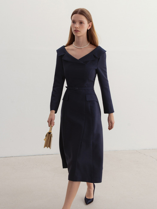 BELITA Wide V-neck notched collar wool silk long dress (Deep navy)