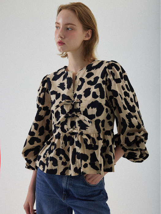 Julie Puff Long Sleeve Blouse - Leopard Beige