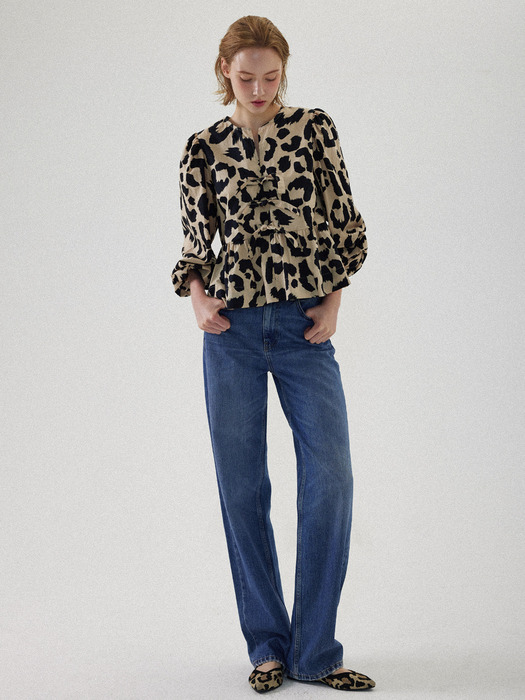 Julie Puff Long Sleeve Blouse - Leopard Beige