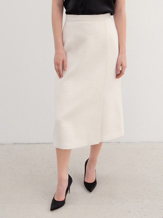 WINNIE Scallop-trimmed A-line tweed long skirt (Ivory/Black)