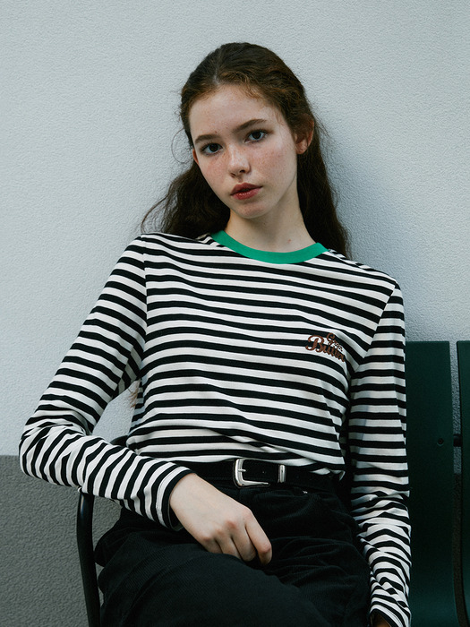 Chain-Needlework Stripe Tee (Black)