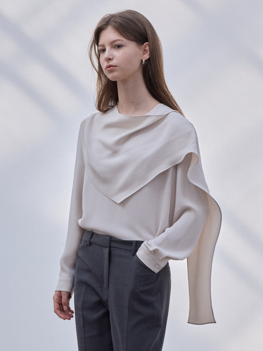 Drape Neck Blouse_Camel Beige