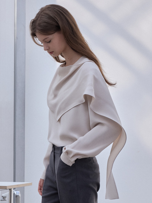 Drape Neck Blouse_Camel Beige