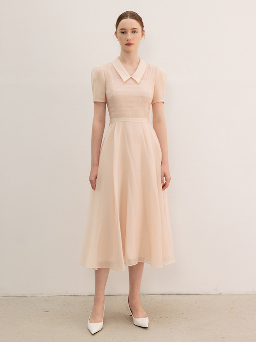 LYN See-through pin tucked detail long dress (Light warm pink/Oatmeal)
