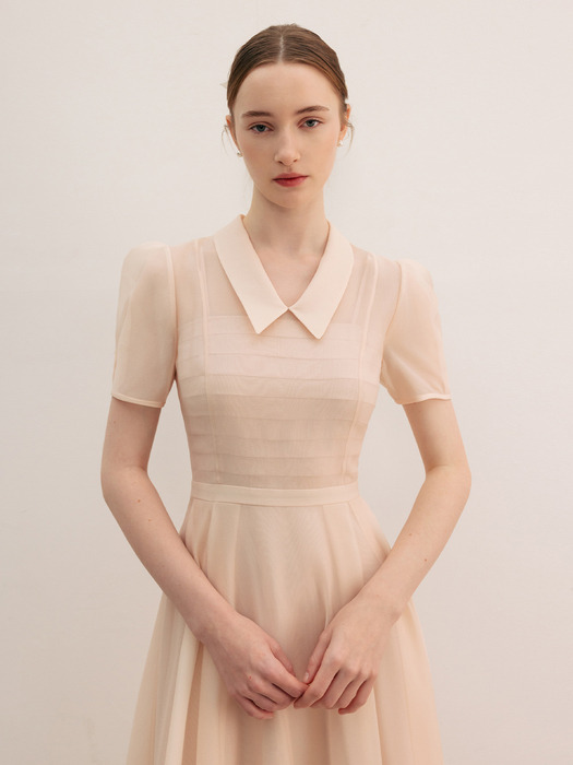 LYN See-through pin tucked detail long dress (Light warm pink/Oatmeal)