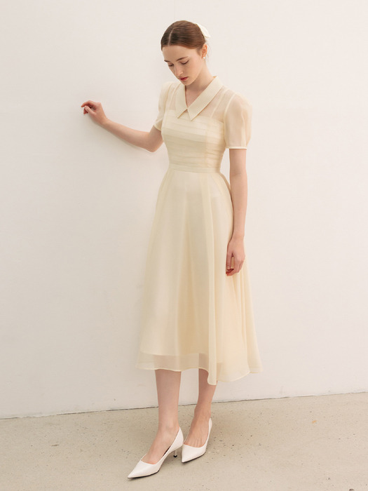 LYN See-through pin tucked detail long dress (Light warm pink/Oatmeal)