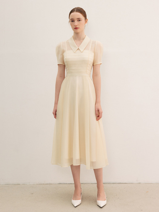 LYN See-through pin tucked detail long dress (Light warm pink/Oatmeal)