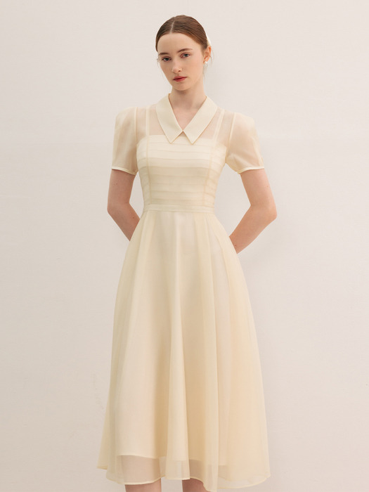 LYN See-through pin tucked detail long dress (Light warm pink/Oatmeal)