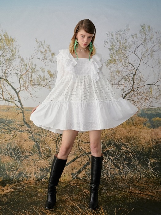 Cotton lace mixed mini dress (White)