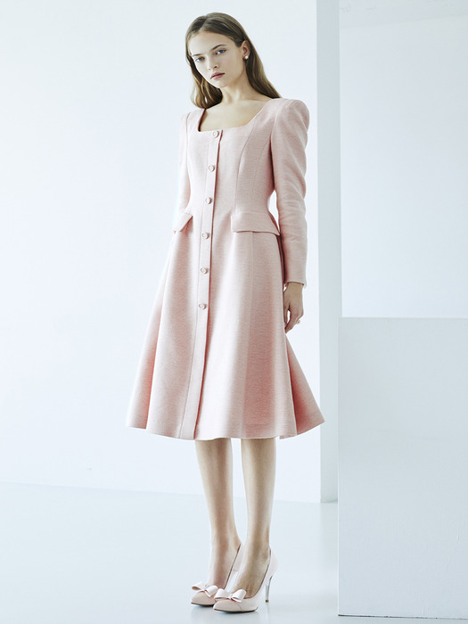[리퍼브][EXCLUSIVE] TRISHA Square neck Single button A-ling Dress (Pink Tweed)